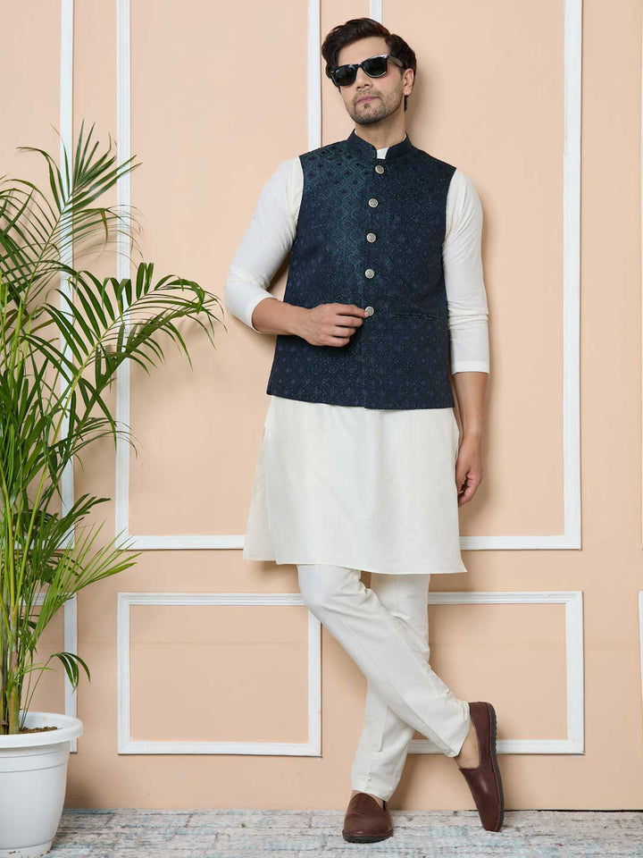 Navy Woven Jacquard Nehru Jacket