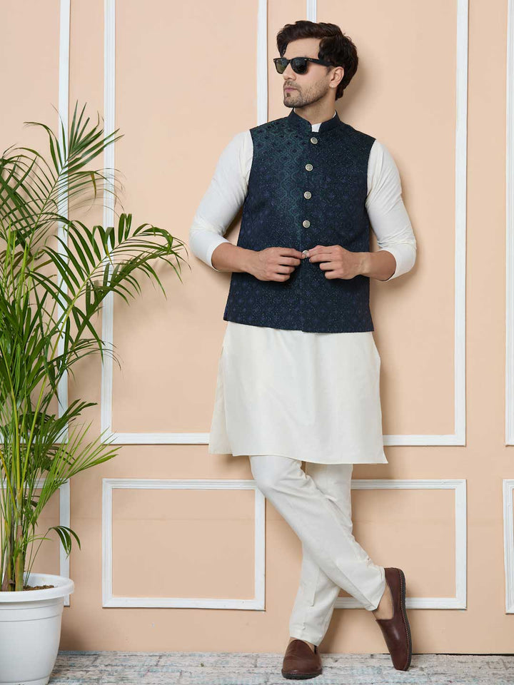 Navy Woven Jacquard Nehru Jacket