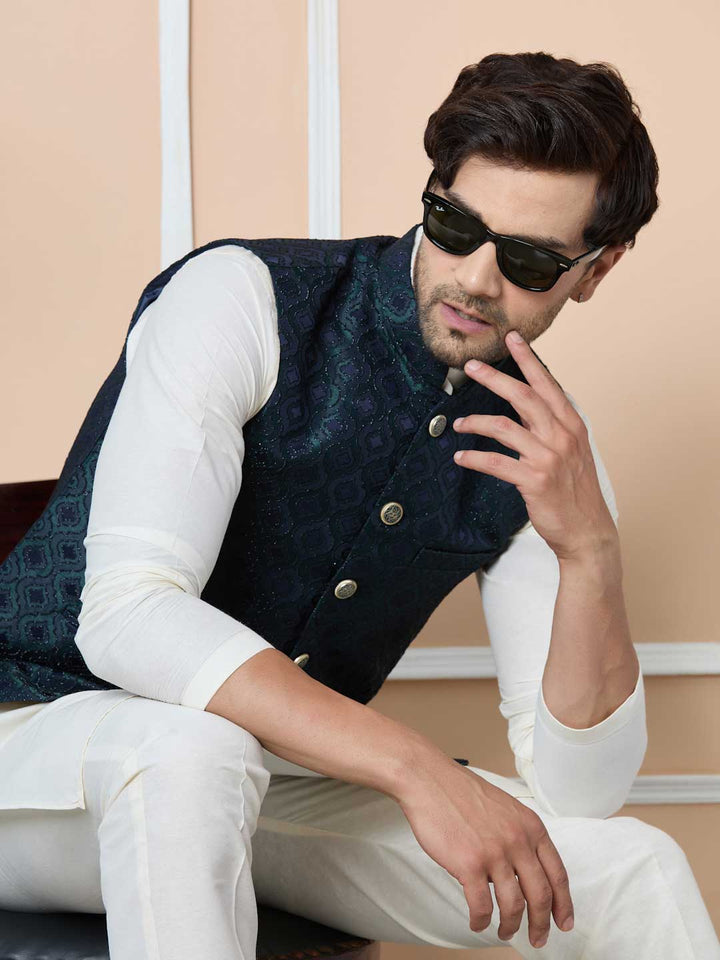 Navy Woven Jacquard Nehru Jacket with Solid Kurta-Pyjama (3 Piece Set)