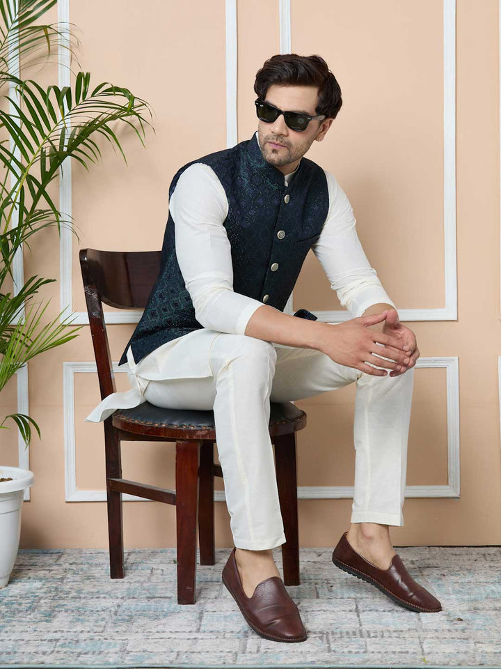 Navy Woven Jacquard Nehru Jacket with Solid Kurta-Pyjama (3 Piece Set)