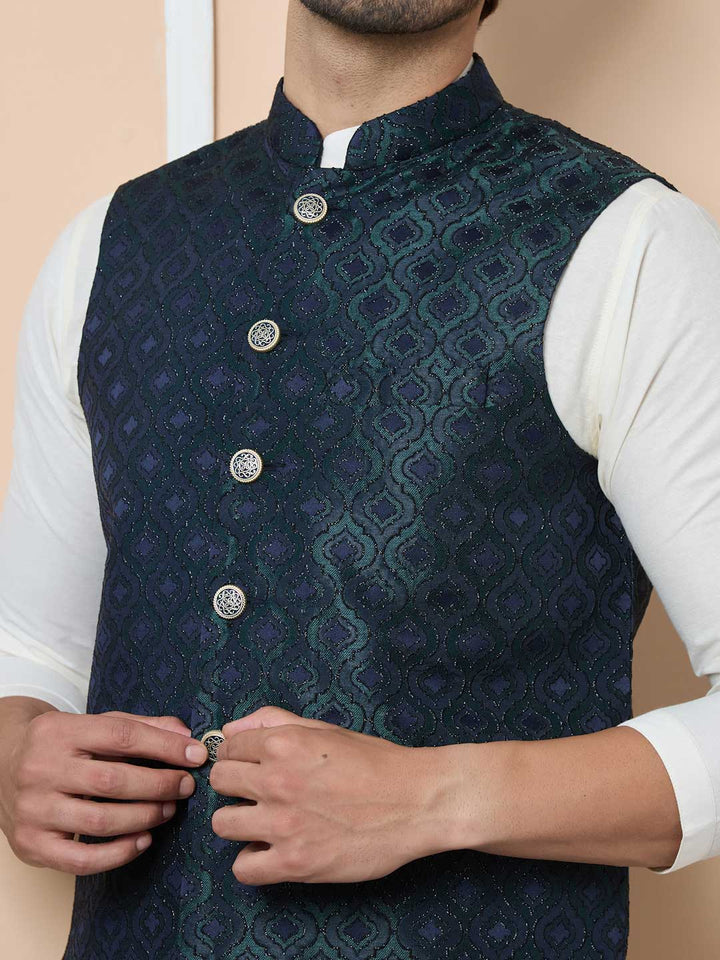 Navy Woven Jacquard Nehru Jacket