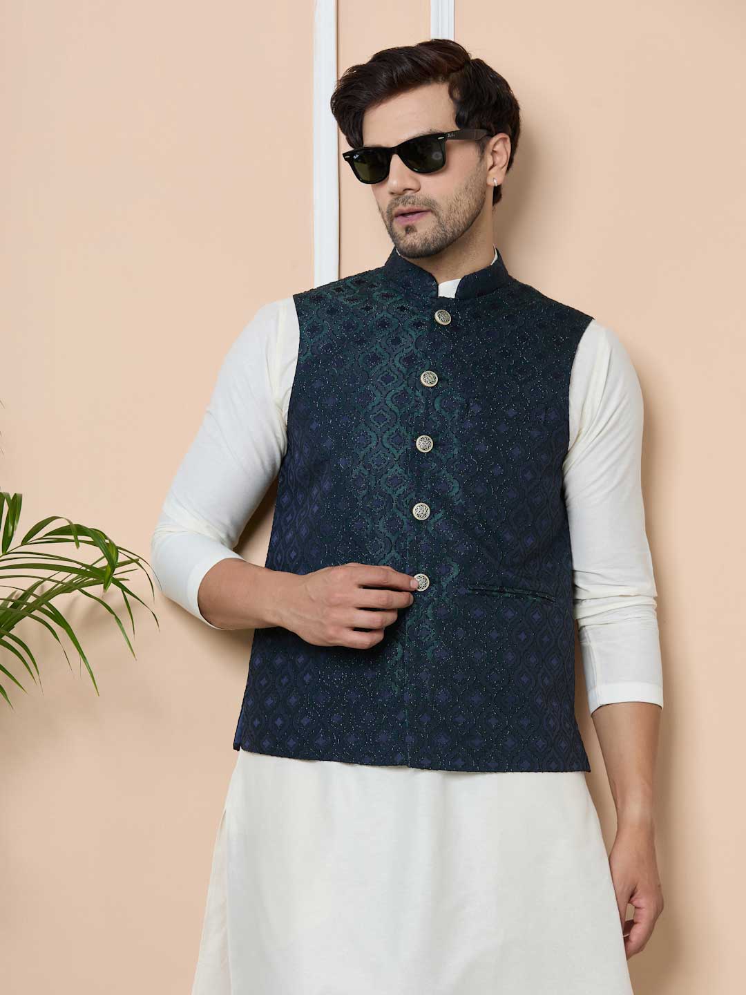 Navy Woven Jacquard Nehru Jacket