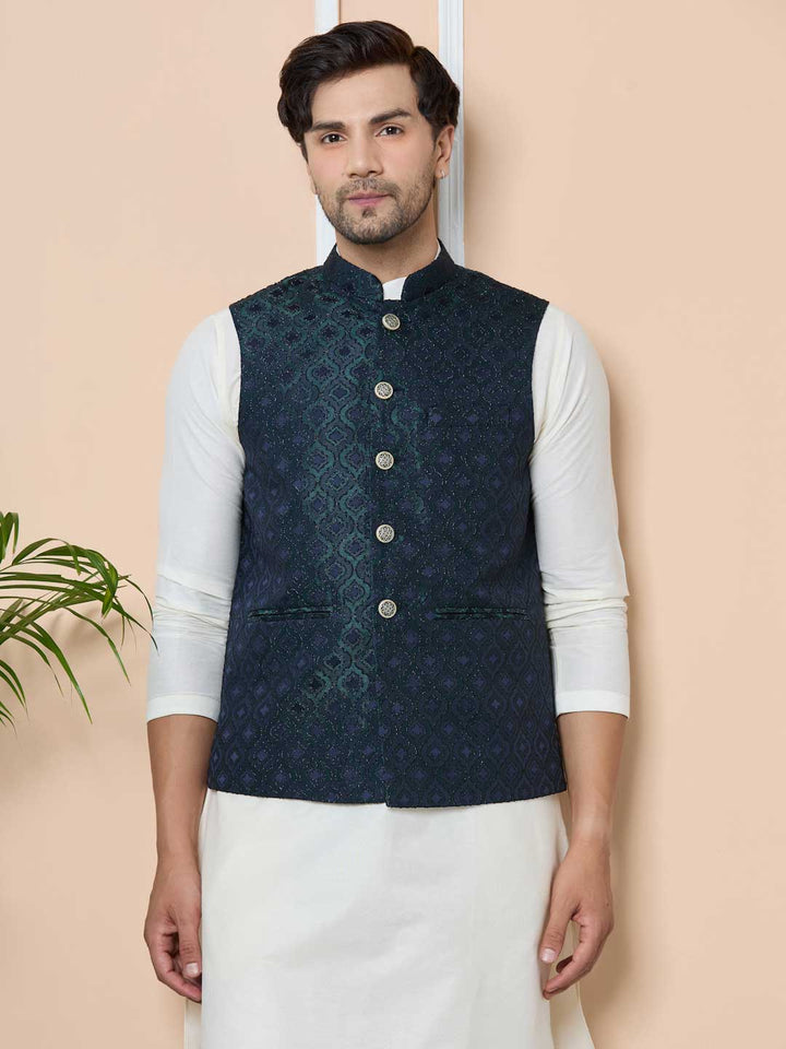 Navy Woven Jacquard Nehru Jacket