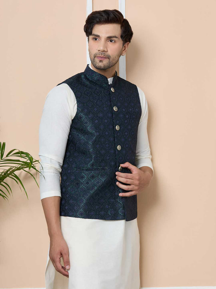 Navy Woven Jacquard Nehru Jacket