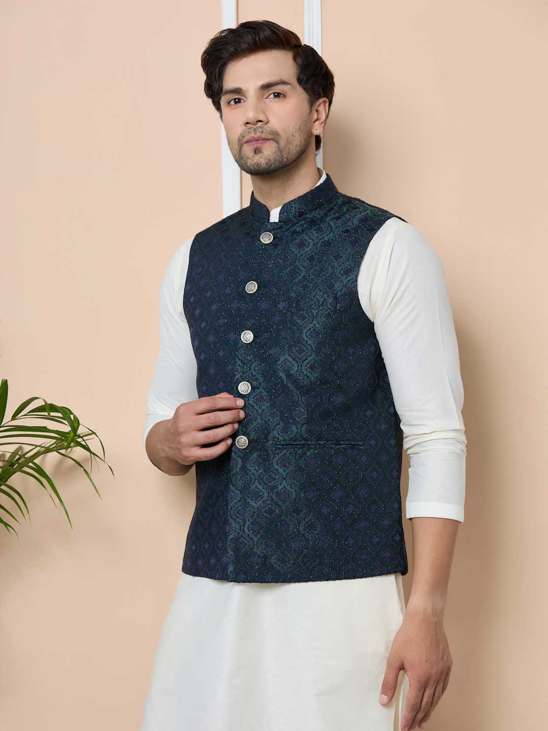 Navy Woven Jacquard Nehru Jacket