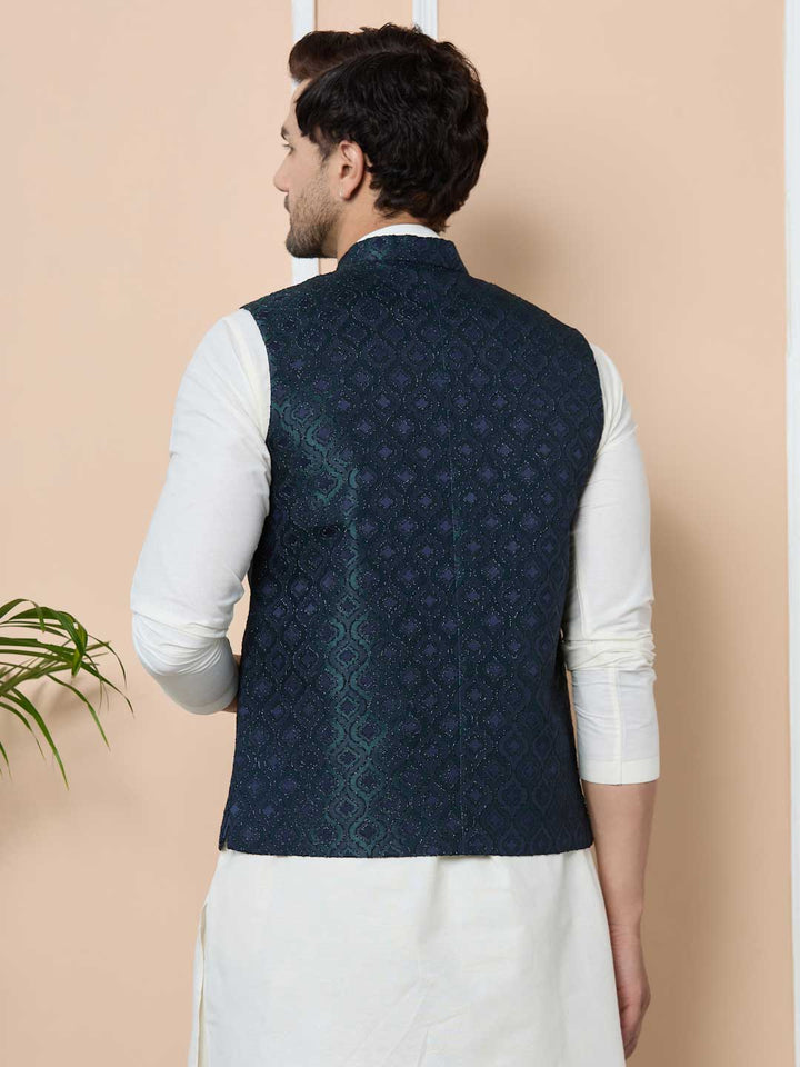 Navy Woven Jacquard Nehru Jacket