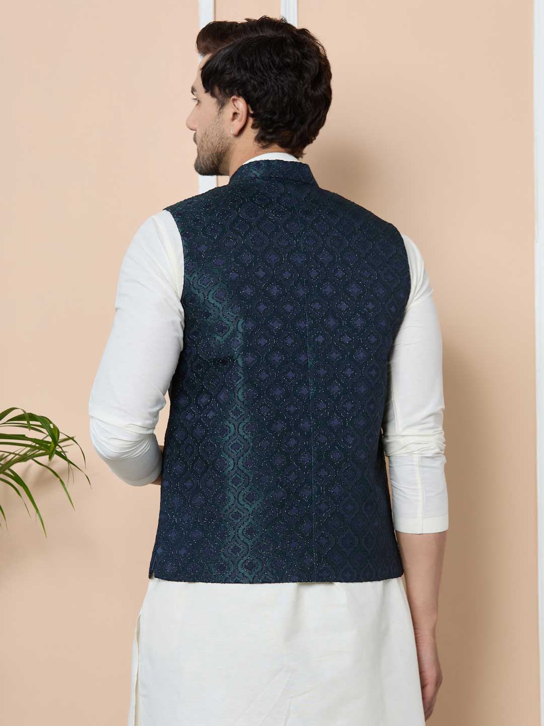 Navy Woven Jacquard Nehru Jacket with Solid Kurta-Pyjama (3 Piece Set)