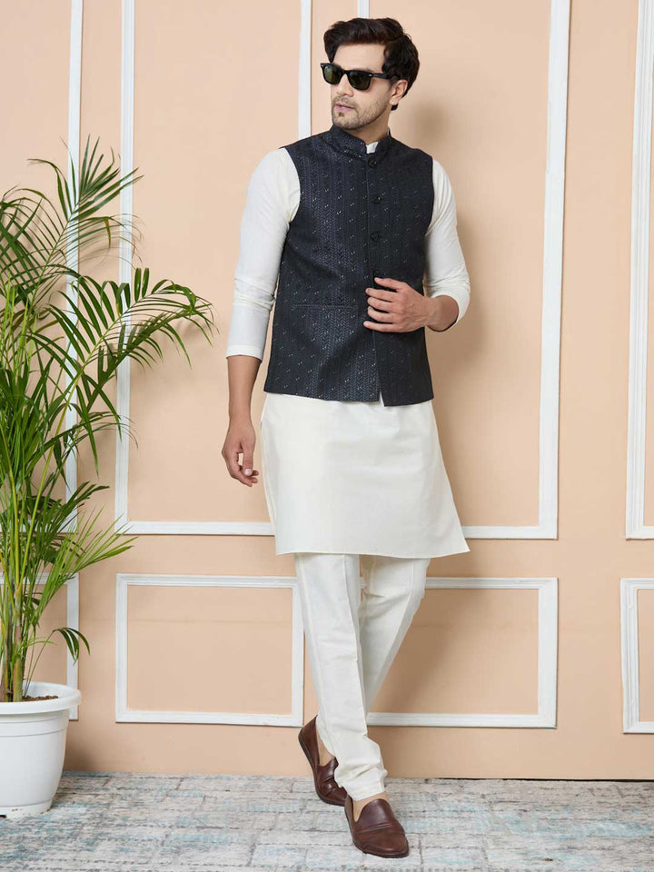 Men Midnight Black Woven Jacquard Nehru Jacket with Solid Kurta-Pyjama (3 Piece Set)