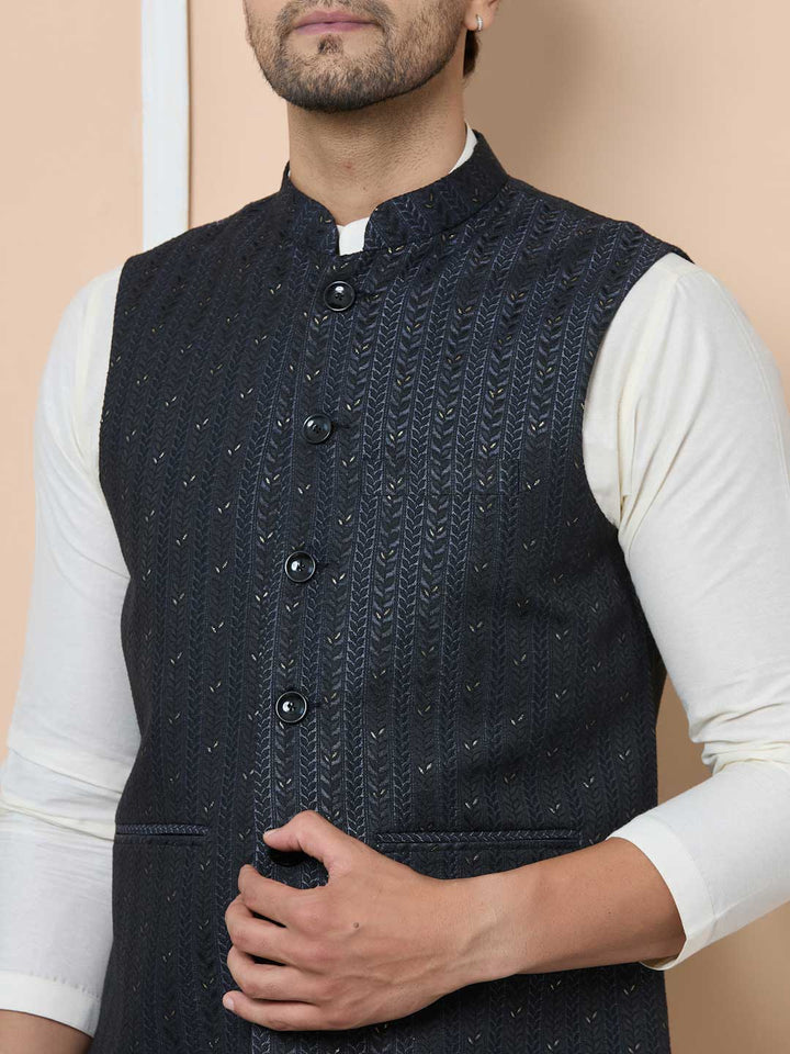 Men Midnight Black Woven Jacquard Nehru Jacket