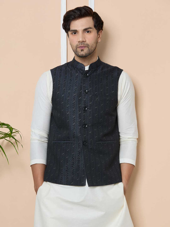 Men Midnight Black Woven Jacquard Nehru Jacket