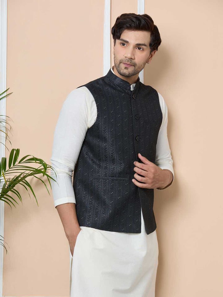 Men Midnight Black Woven Jacquard Nehru Jacket