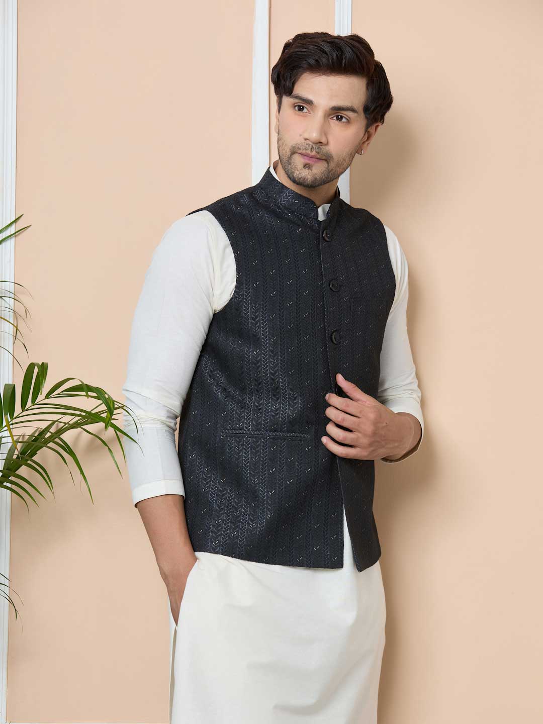 Men Midnight Black Woven Jacquard Nehru Jacket with Solid Kurta-Pyjama (3 Piece Set)