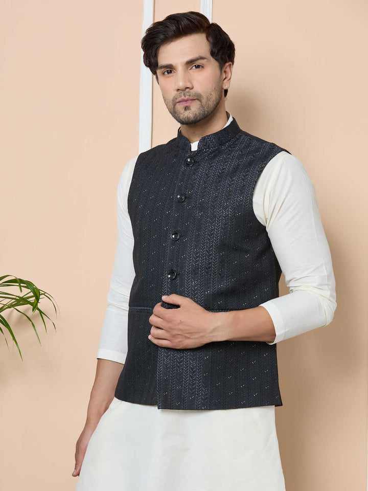 Men Midnight Black Woven Jacquard Nehru Jacket