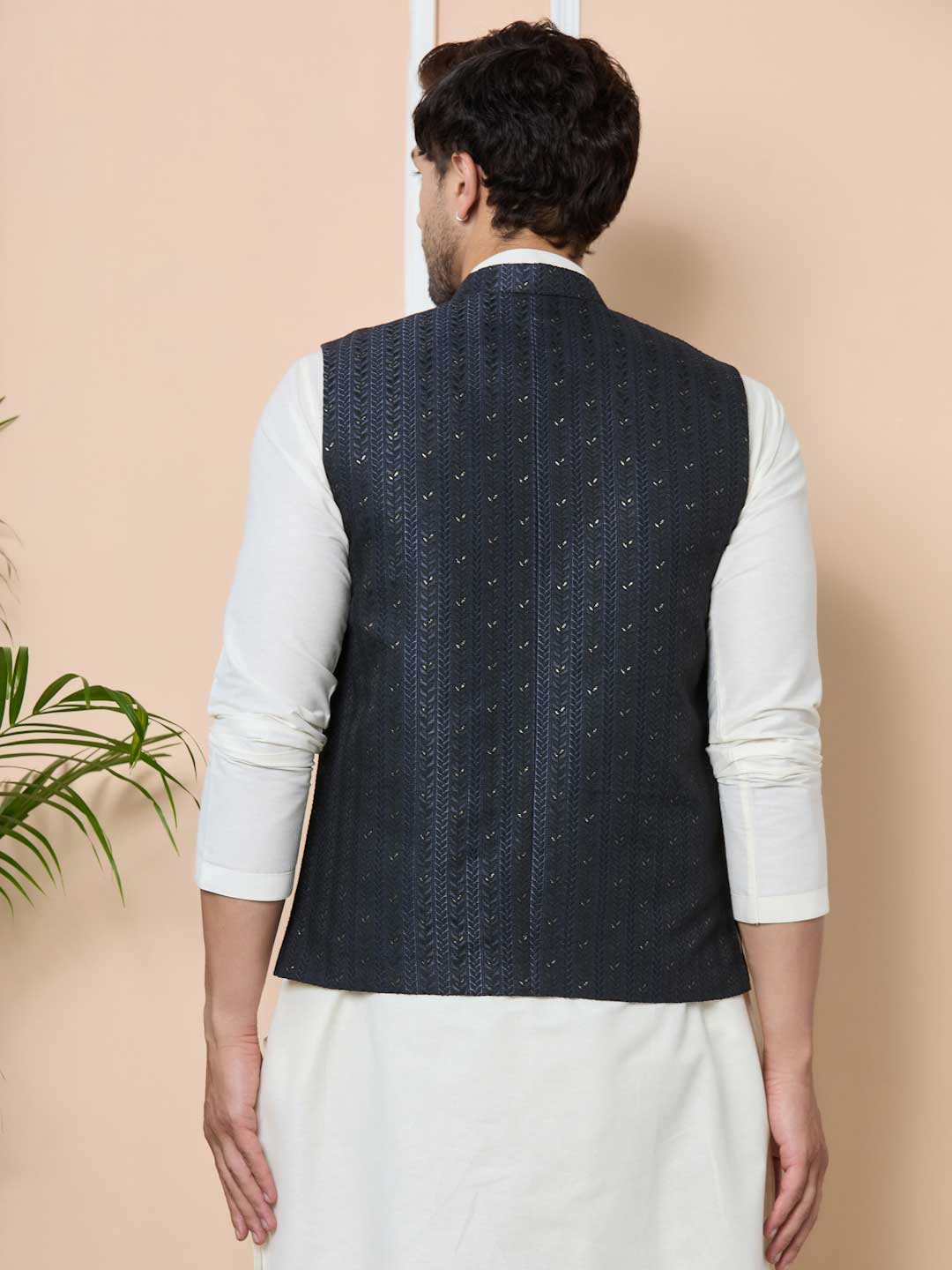 Men Midnight Black Woven Jacquard Nehru Jacket