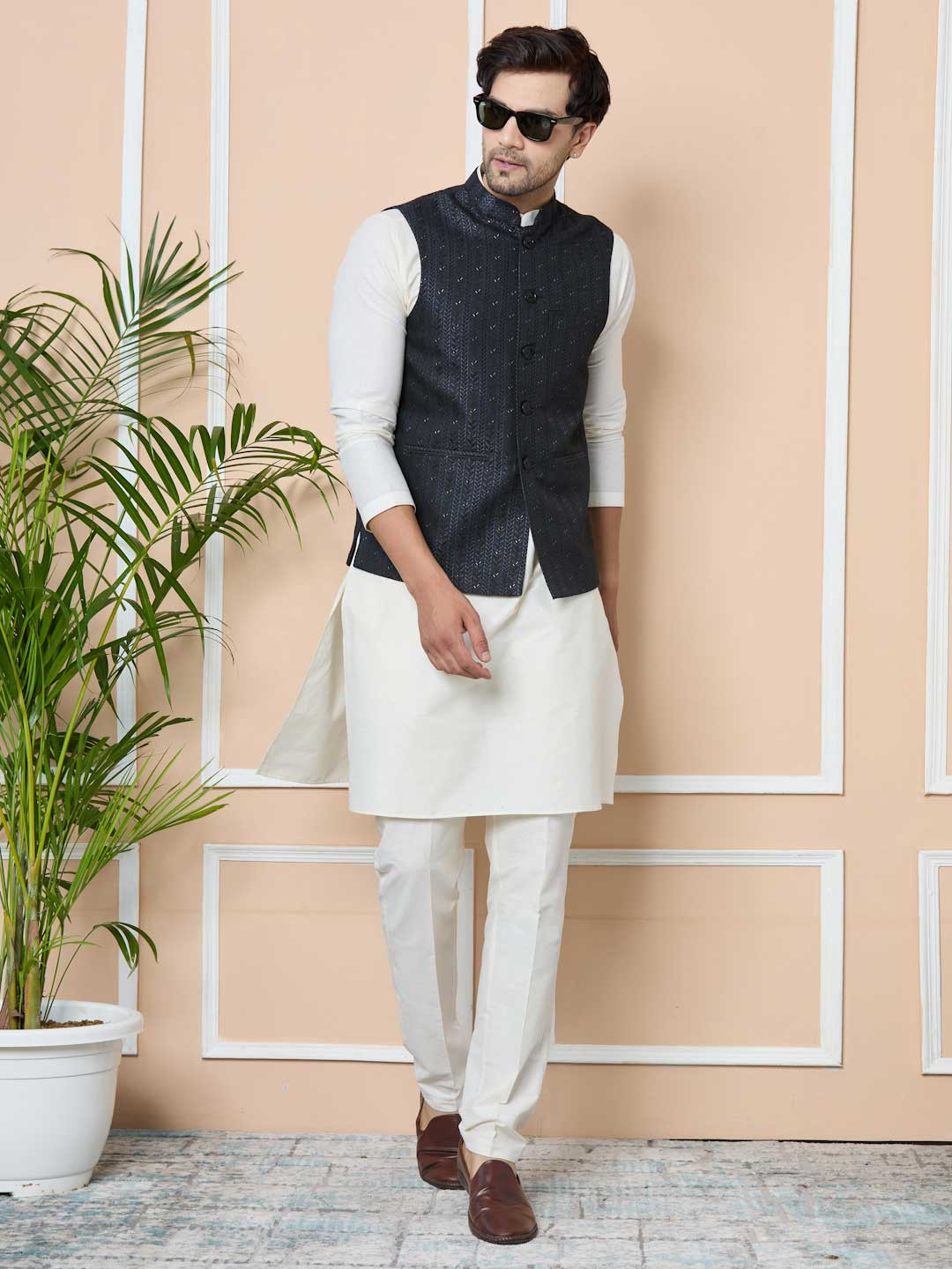 Men Midnight Black Woven Jacquard Nehru Jacket with Solid Kurta-Pyjama (3 Piece Set)