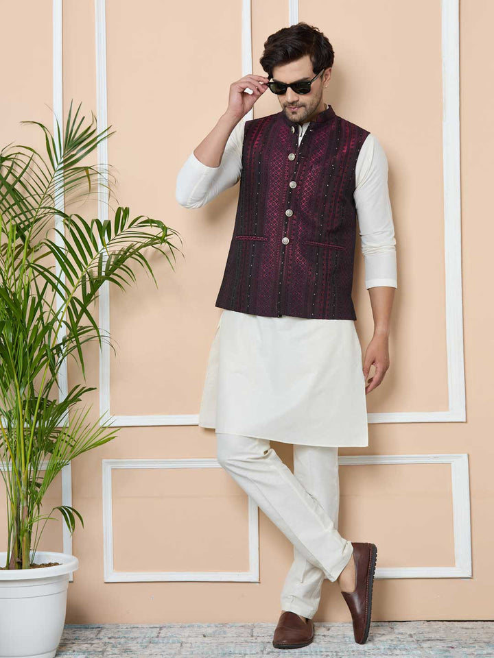 Maroon Woven Jacquard Nehru Jacket