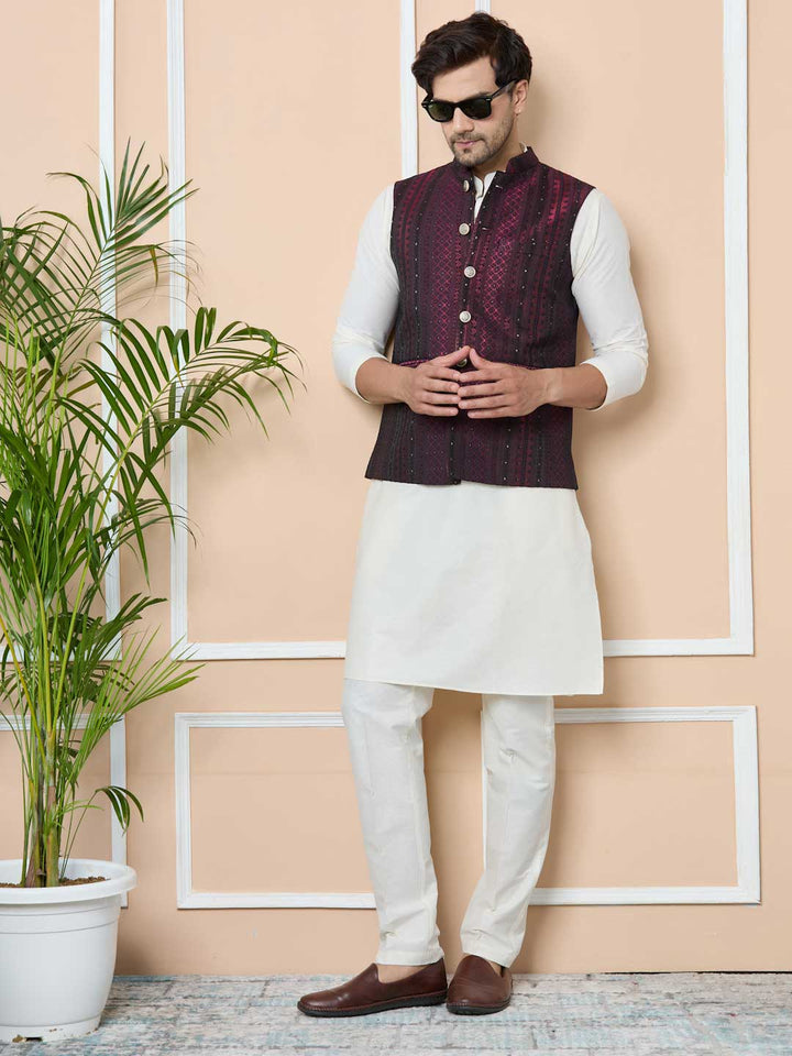 Maroon Woven Jacquard Nehru Jacket