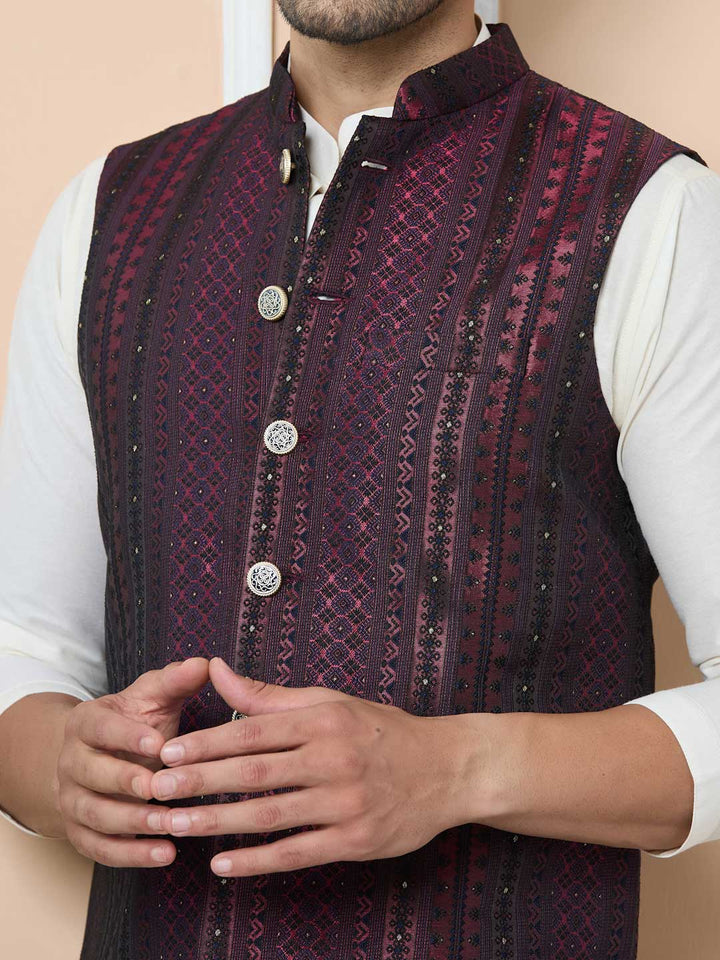 Maroon Woven Jacquard Nehru Jacket