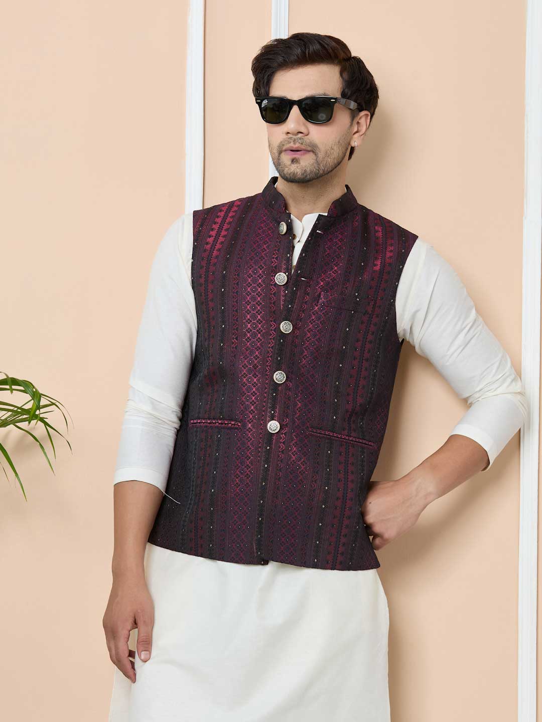 Maroon Woven Jacquard Nehru Jacket with Solid Kurta-Pyjama (3 Piece Set)