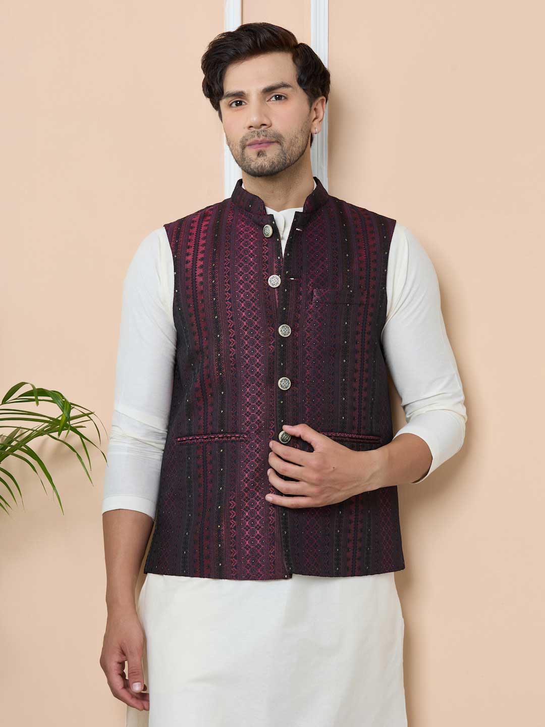 Maroon Woven Jacquard Nehru Jacket