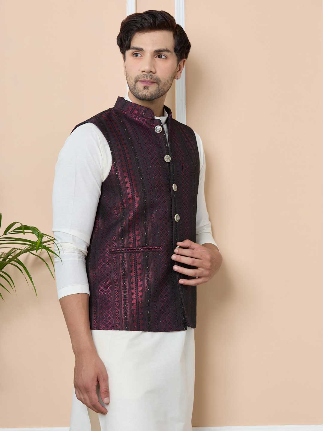 Maroon Woven Jacquard Nehru Jacket