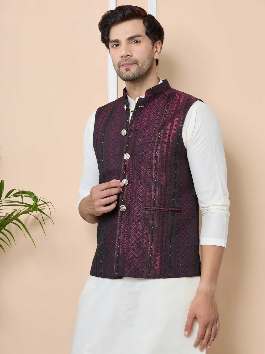 Maroon Woven Jacquard Nehru Jacket