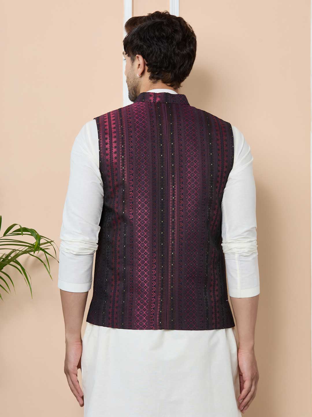 Maroon Woven Jacquard Nehru Jacket