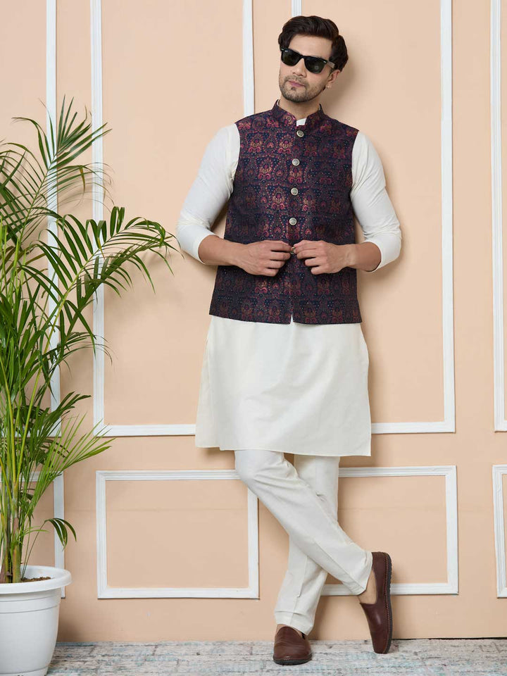 Navy Woven Jacquard Nehru Jacket