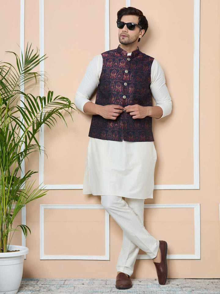 Navy Woven Jacquard Nehru Jacket