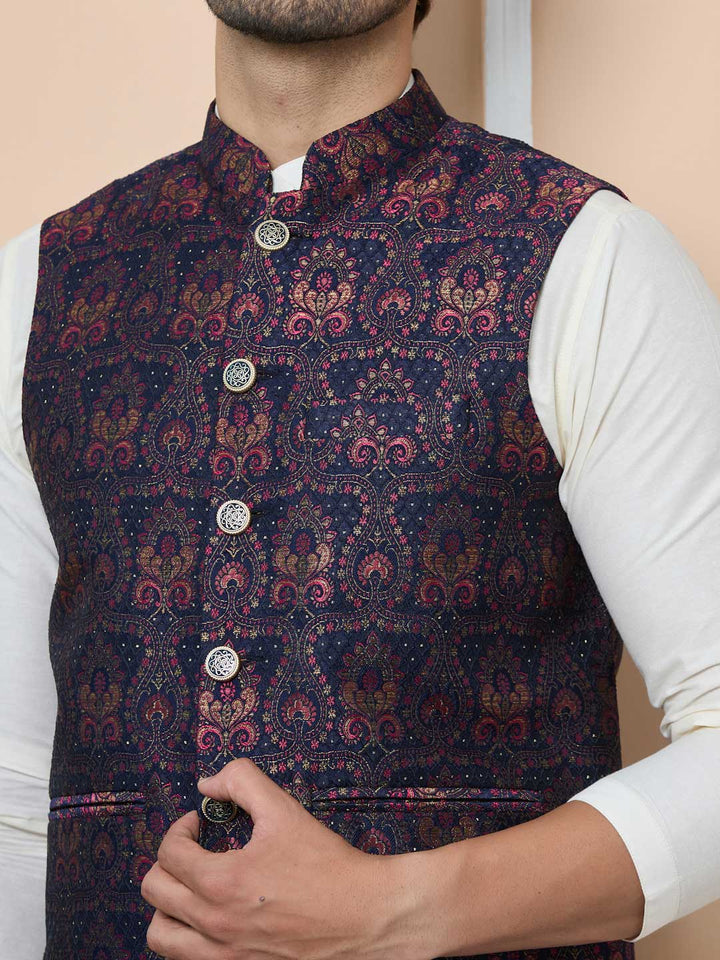 Navy Woven Jacquard Nehru Jacket