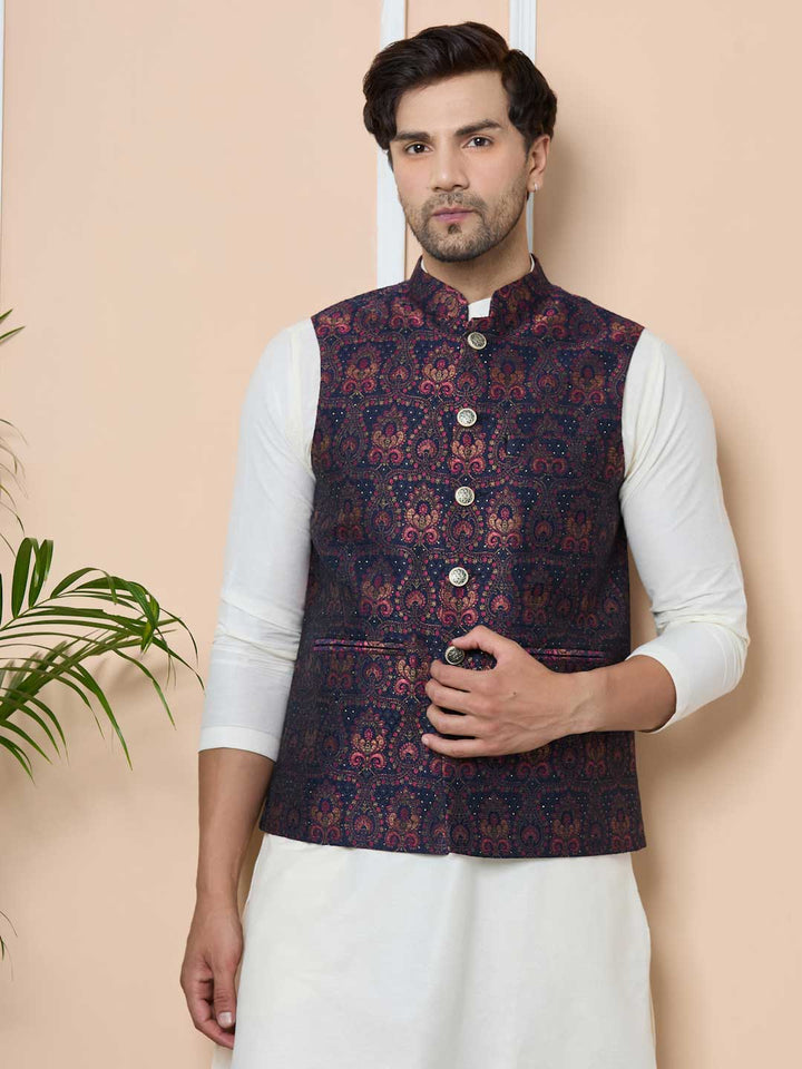 Navy Woven Jacquard Nehru Jacket