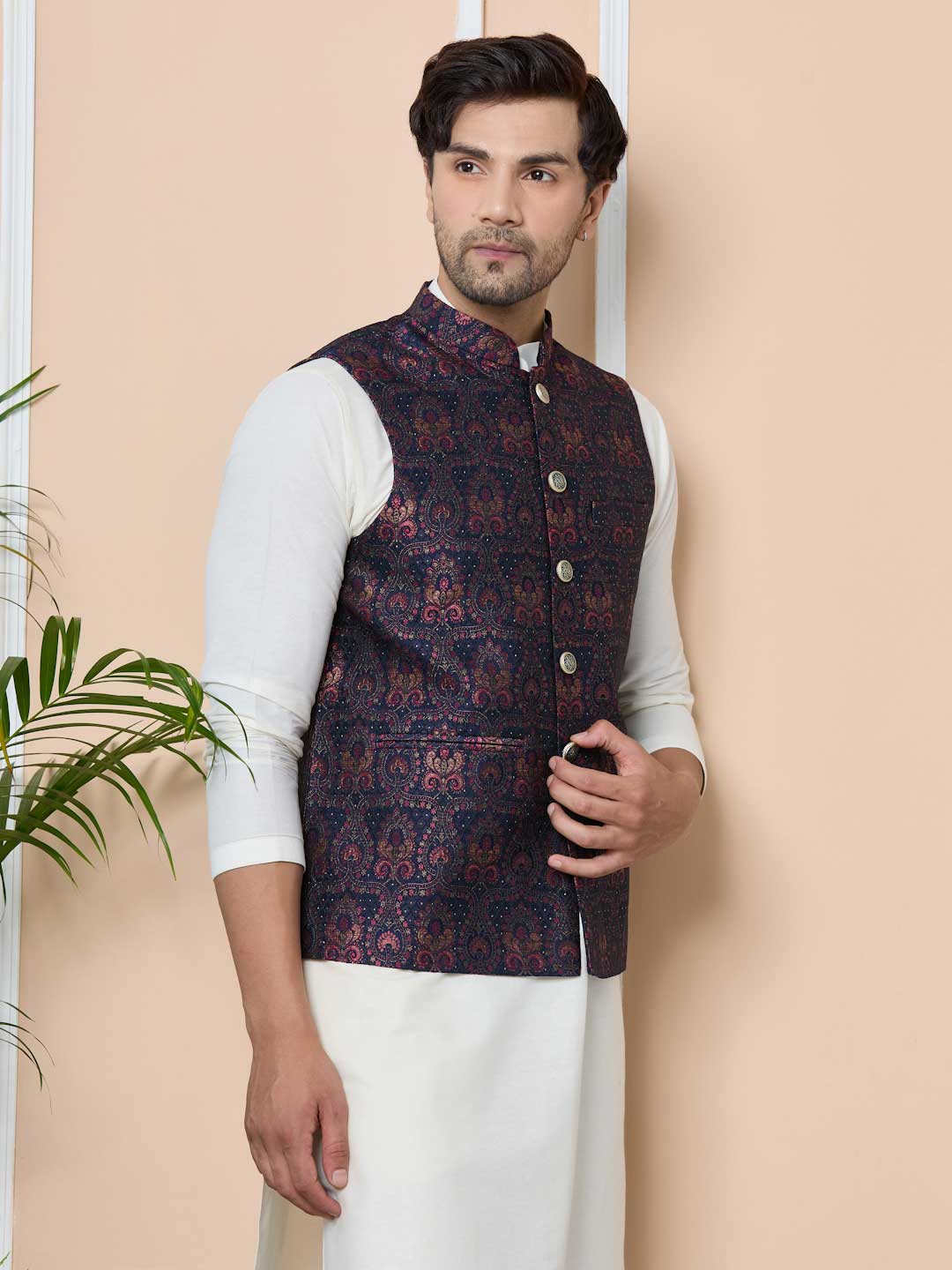 Navy Woven Jacquard Nehru Jacket