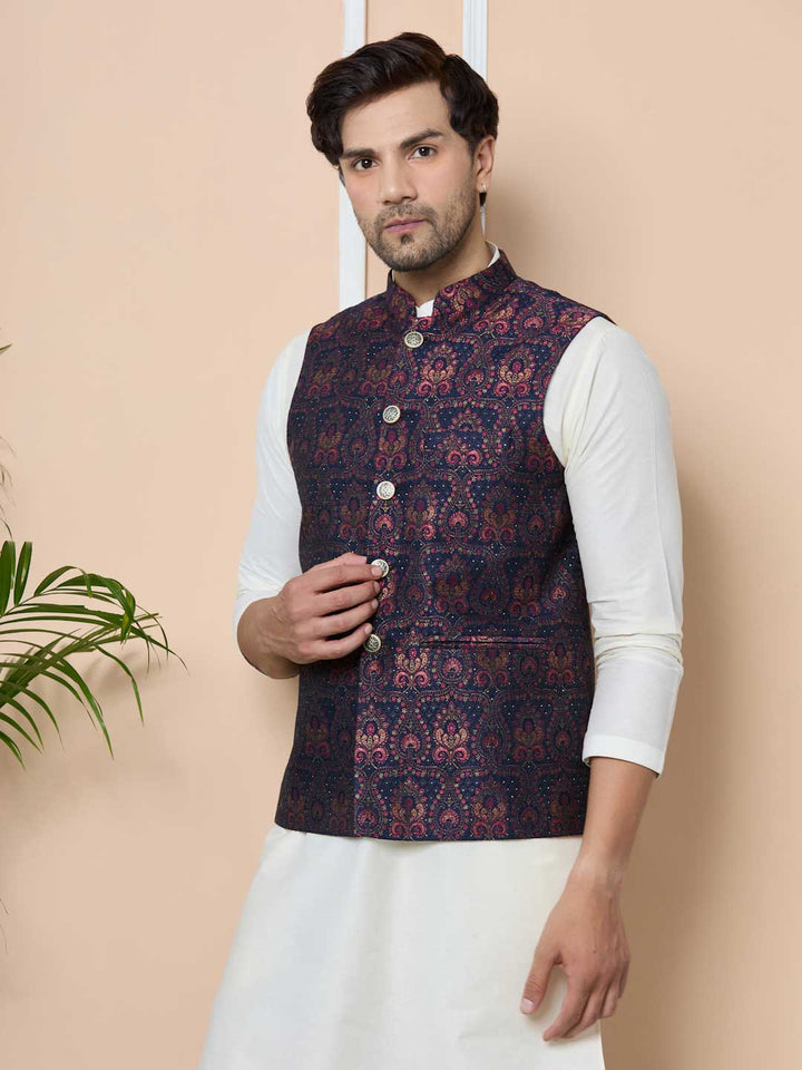 Navy Woven Jacquard Nehru Jacket