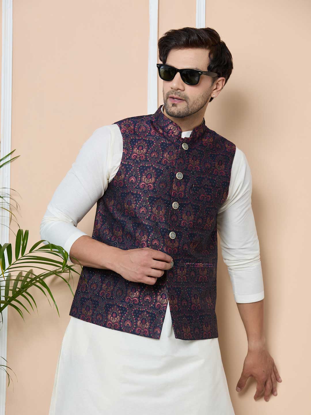 Navy Woven Jacquard Nehru Jacket