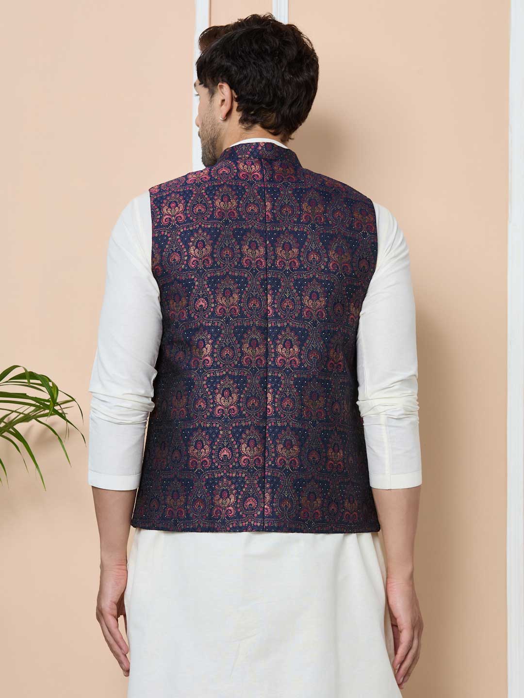 Navy Woven Jacquard Nehru Jacket