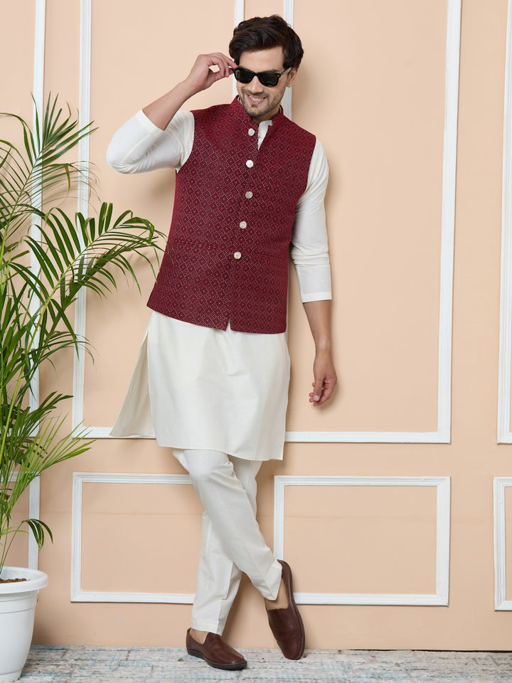 Red Woven Jacquard Nehru Jacket with Solid Kurta-Pyjama (3 Piece Set)