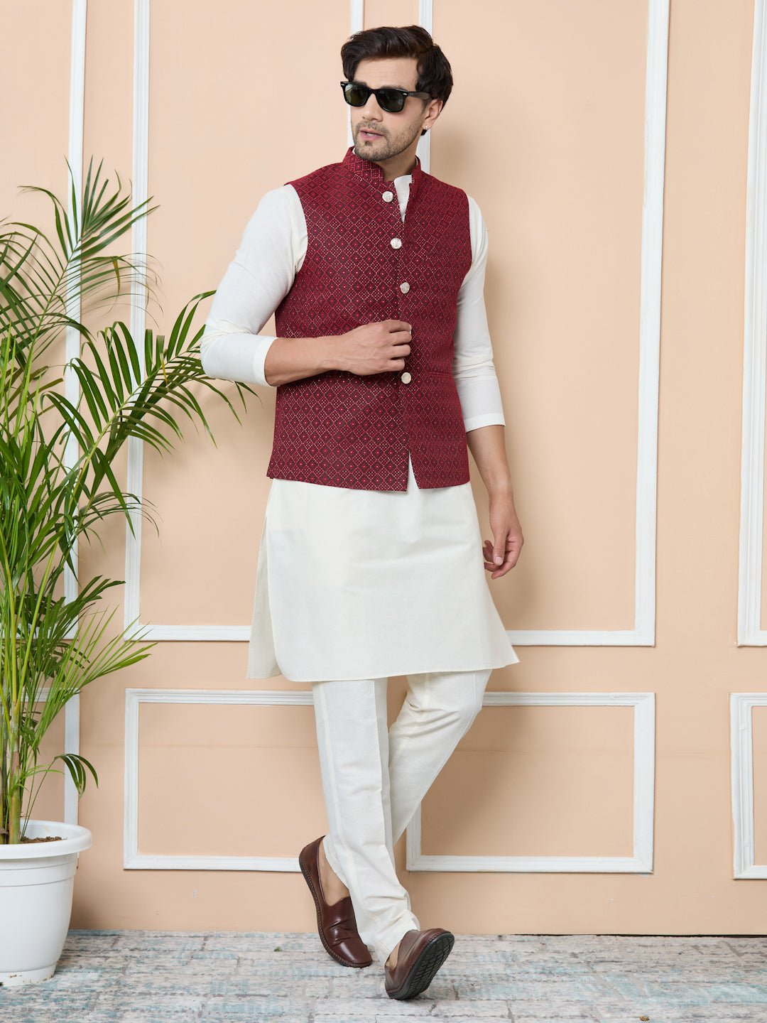 Red Woven Jacquard Nehru Jacket with Solid Kurta-Pyjama (3 Piece Set)