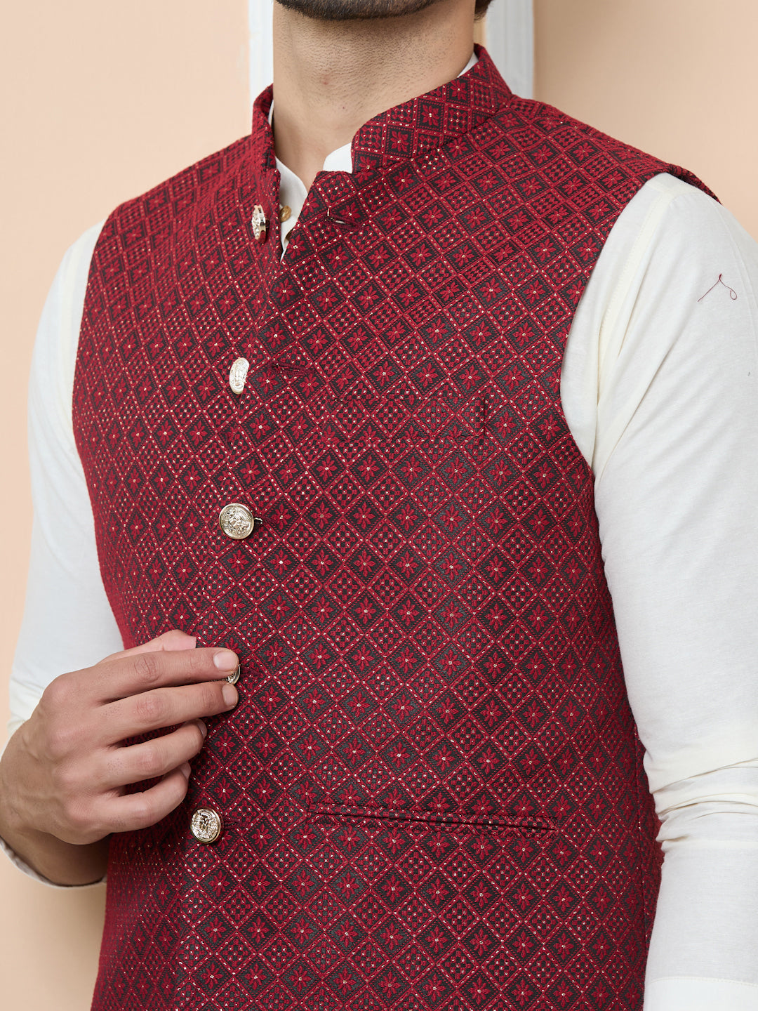 Red Woven Jacquard Nehru Jacket with Solid Kurta-Pyjama (3 Piece Set)