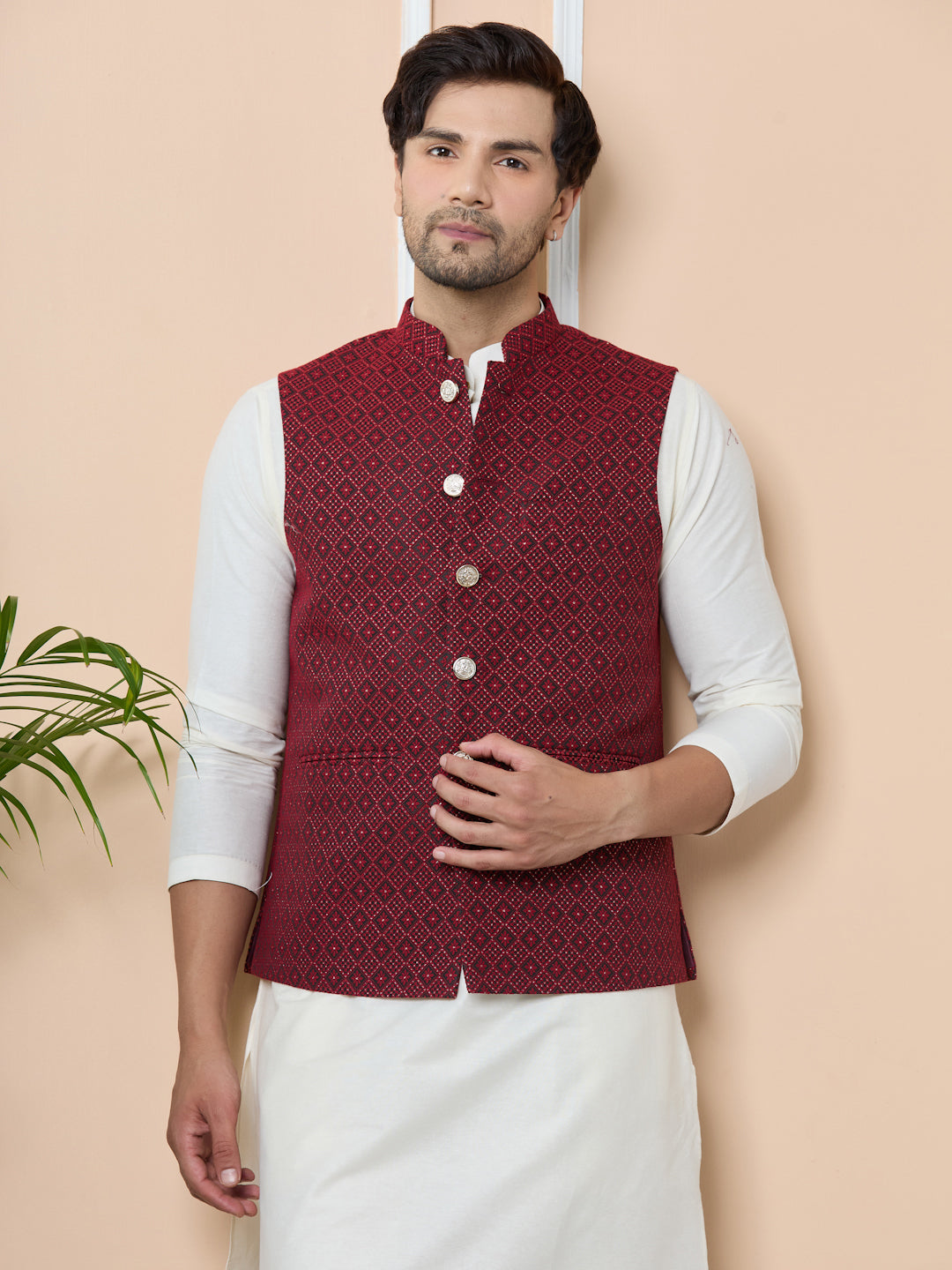 Red Woven Jacquard Nehru Jacket with Solid Kurta-Pyjama (3 Piece Set)