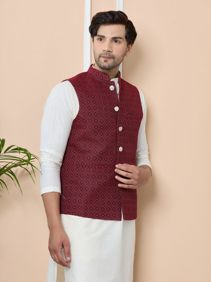 Red Woven Jacquard Nehru Jacket with Solid Kurta-Pyjama (3 Piece Set)