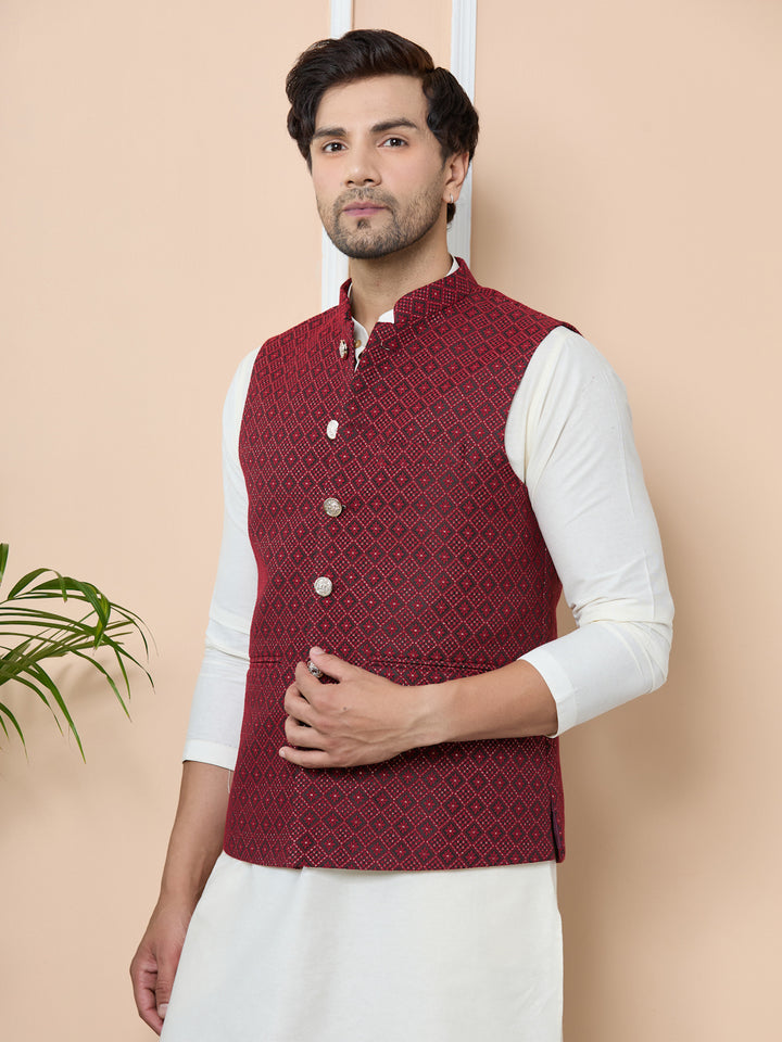 Red Woven Jacquard Nehru Jacket with Solid Kurta-Pyjama (3 Piece Set)