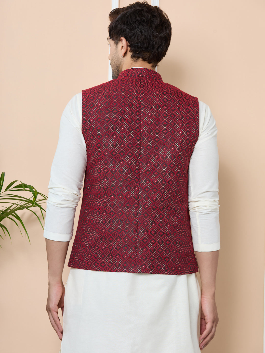 Red Woven Jacquard Nehru Jacket with Solid Kurta-Pyjama (3 Piece Set)