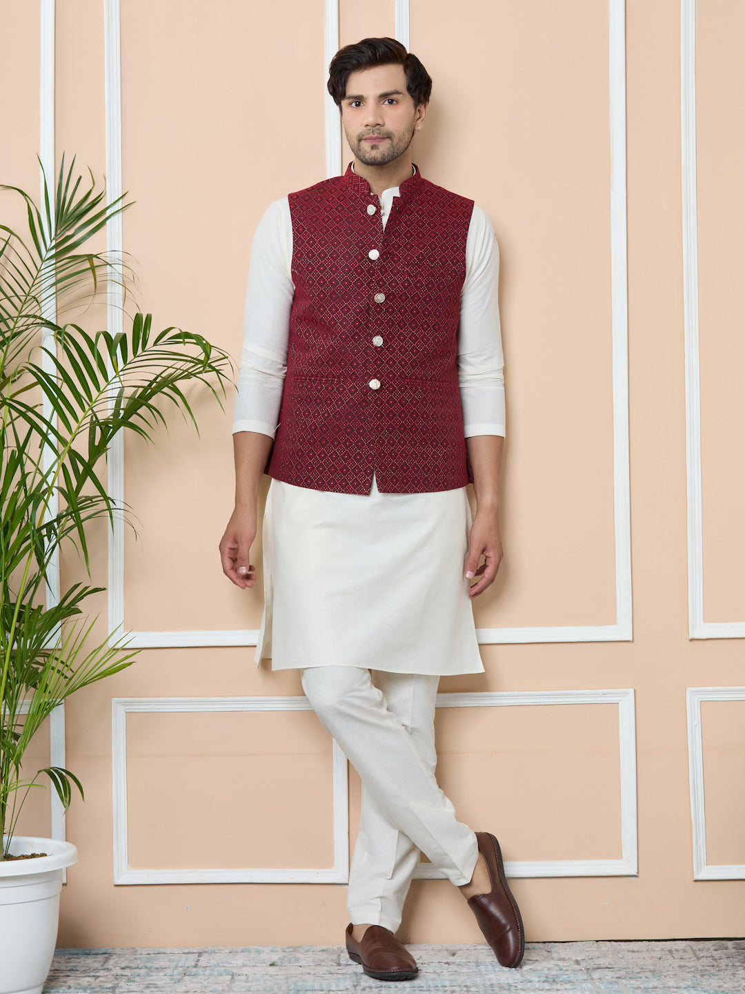 Red Woven Jacquard Nehru Jacket with Solid Kurta-Pyjama (3 Piece Set)