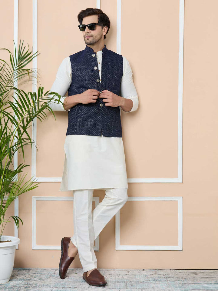 Blue Woven Jacquard Nehru Jacket