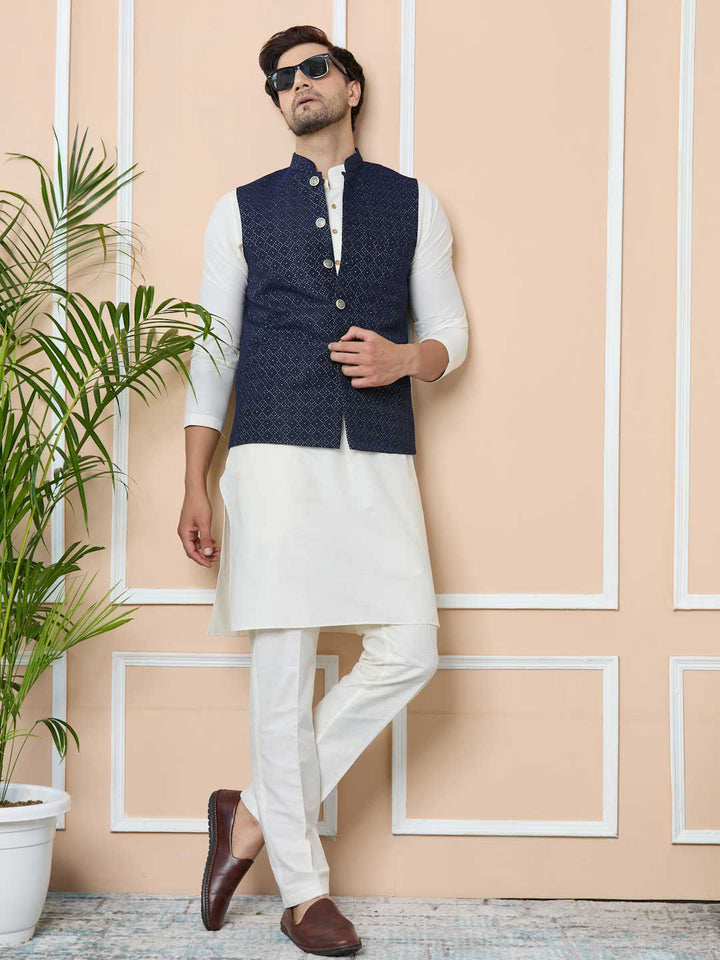 Blue Woven Jacquard Nehru Jacket