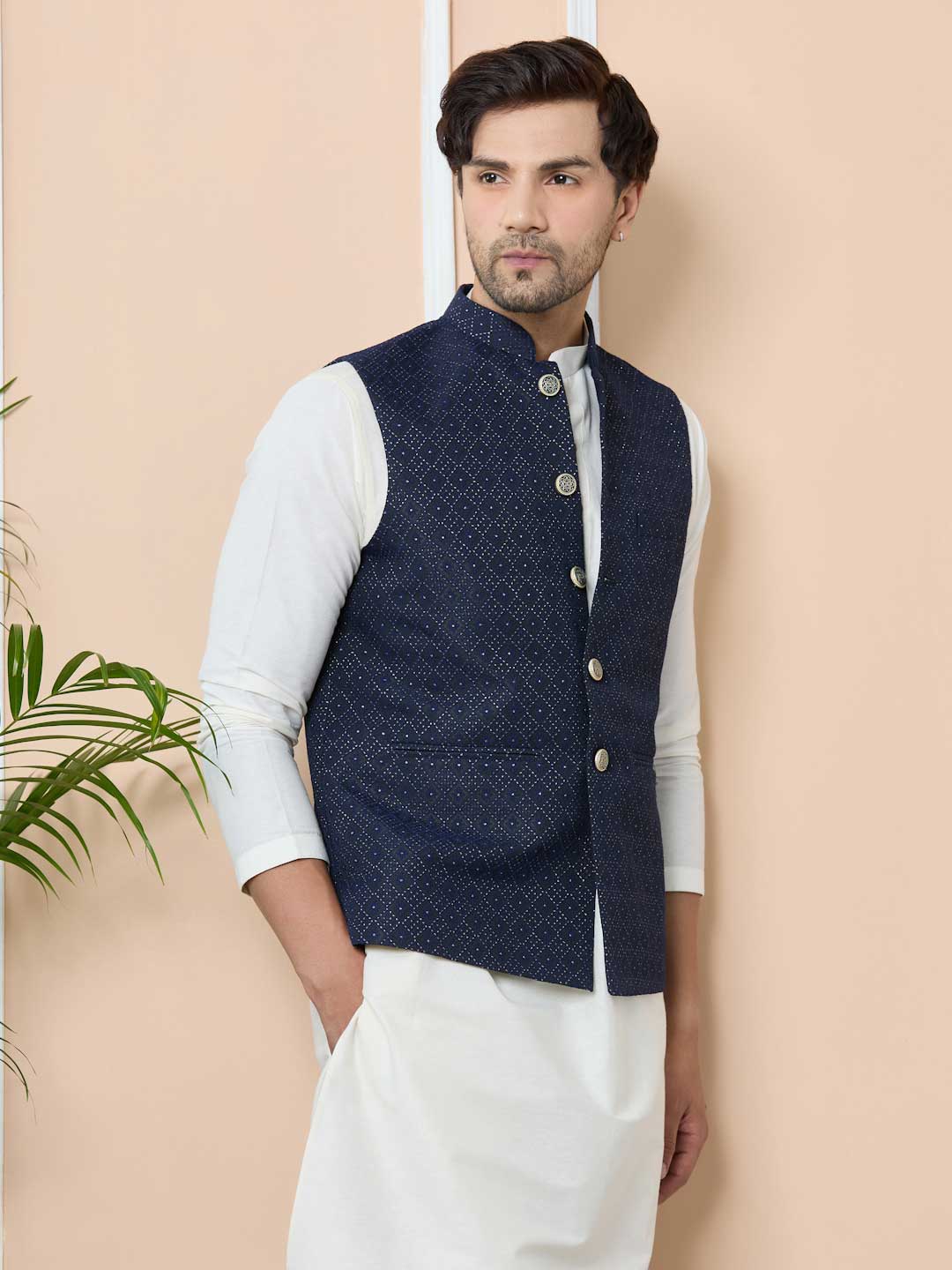 Blue Woven Jacquard Nehru Jacket