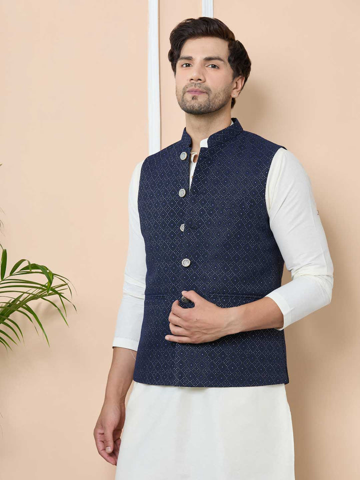 Blue Woven Jacquard Nehru Jacket