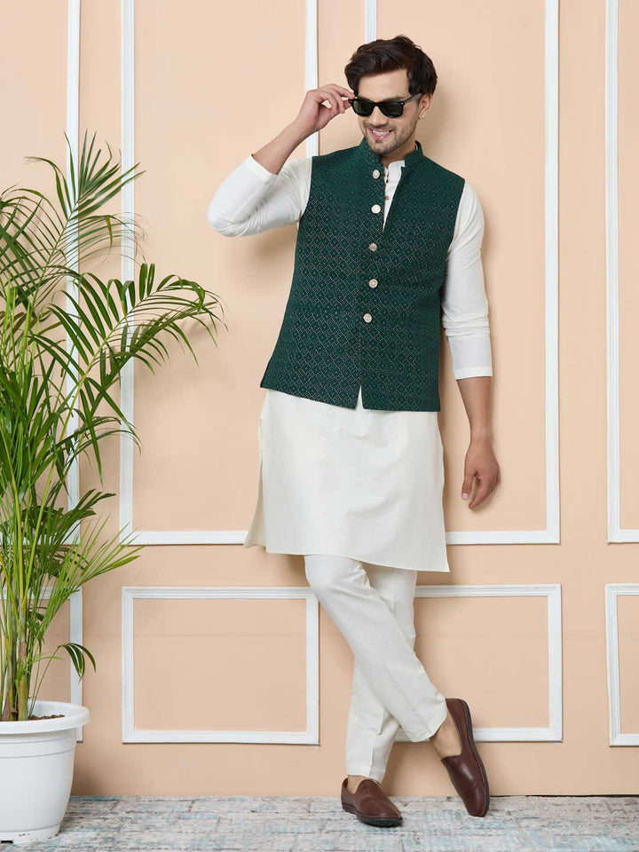 Green Woven Jacquard Nehru Jacket with Solid Kurta-Pyjama (3 Piece Set)