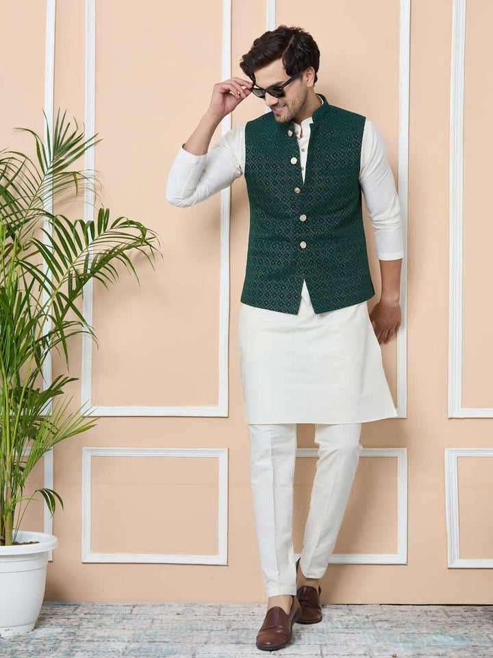 Green Woven Jacquard Nehru Jacket with Solid Kurta-Pyjama (3 Piece Set)