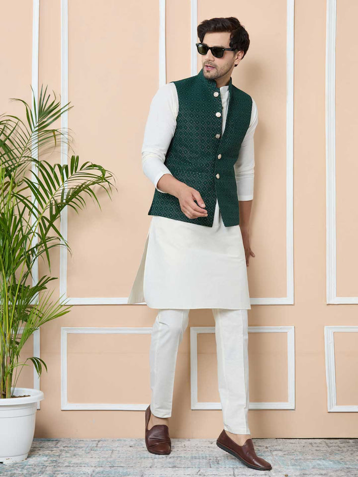 Green Woven Jacquard Nehru Jacket with Solid Kurta-Pyjama (3 Piece Set)